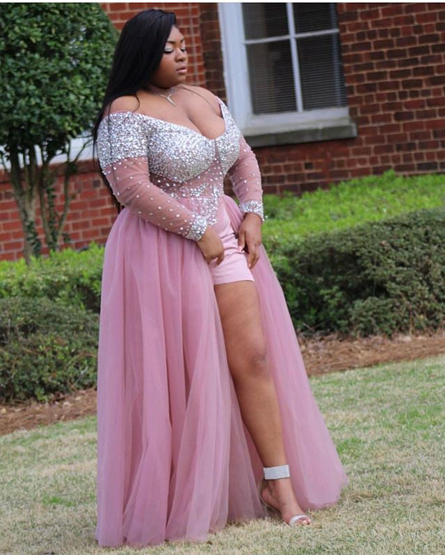 Plus Size African Black Girl Long Prom Dress V Neck Heavy Beaded See