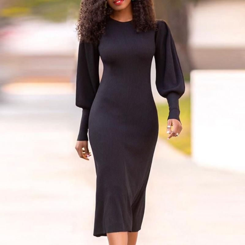 Elegant Black Lantern Sleeve Dress Autumn African 2020 Women Midi ...