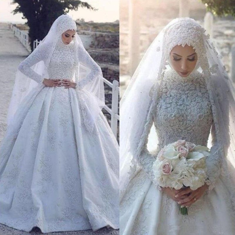 Compra 2020 Vestido De Bola Musulmán Más Nuevo De Raso De Novia De La Manga  De Cuello Alto Boda Musulmana Vestidos Del Cordón Largo Vestidos De Boda  Vestidos De Novia Vestido De