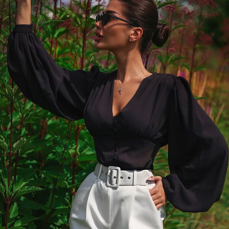 Compre Moda Manga De Soplo Para Mujeres Camisa Delgada Elegante Color Negro  Manga Larga Mujer Blusa A 16,55 € Del Qiufen11 | Es.Dhgate.Com