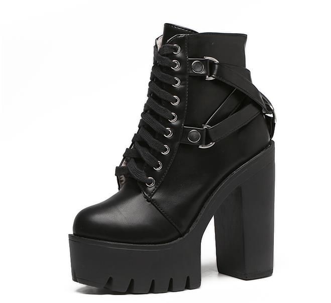 músico Frente dividir Moda Botas negras Mujer Tacón Primavera Otoño con cordones de plataforma de  cuero suave Zapatos Mujer