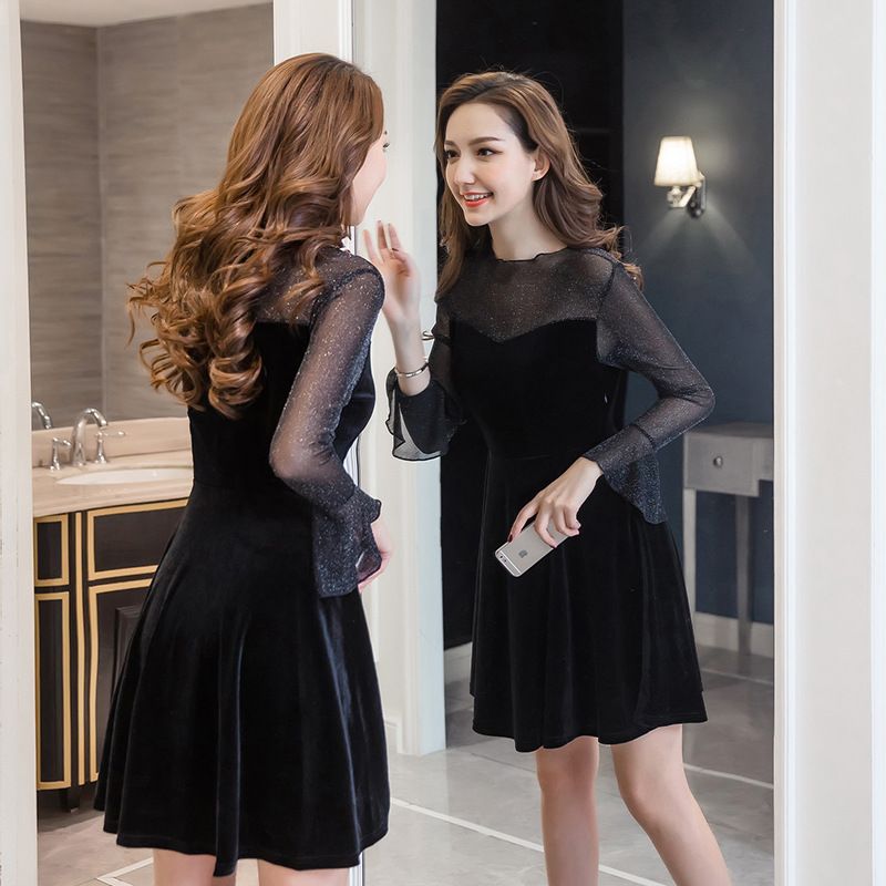 gold velvet long sleeve dress