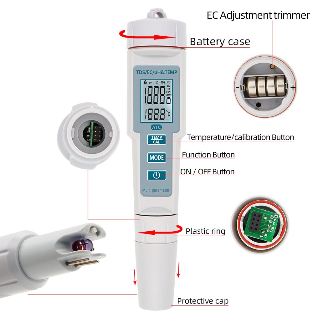 4 In 1 Water Quality Tester PH EC TD-S Temperature Meter Backlight PH-686 S3U7 