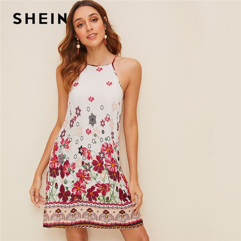 SHEIN Floral Print Spaghetti Strap Boho Beach Straight Dress Women 2019 Summer Holiday Sleeveless Button Back Short Cami Dresses