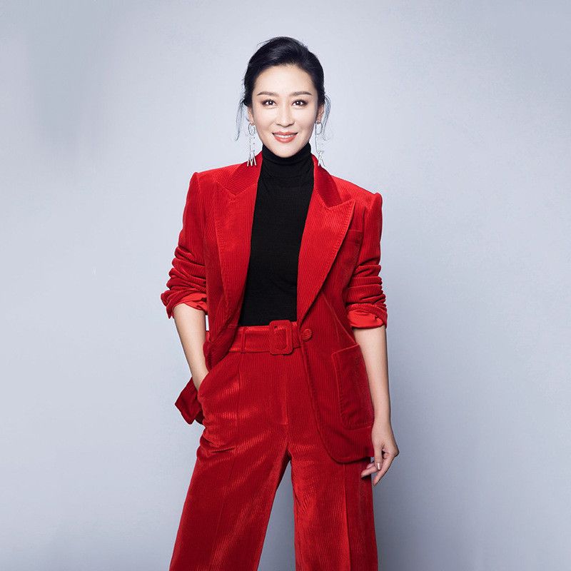 women's red trouser suit