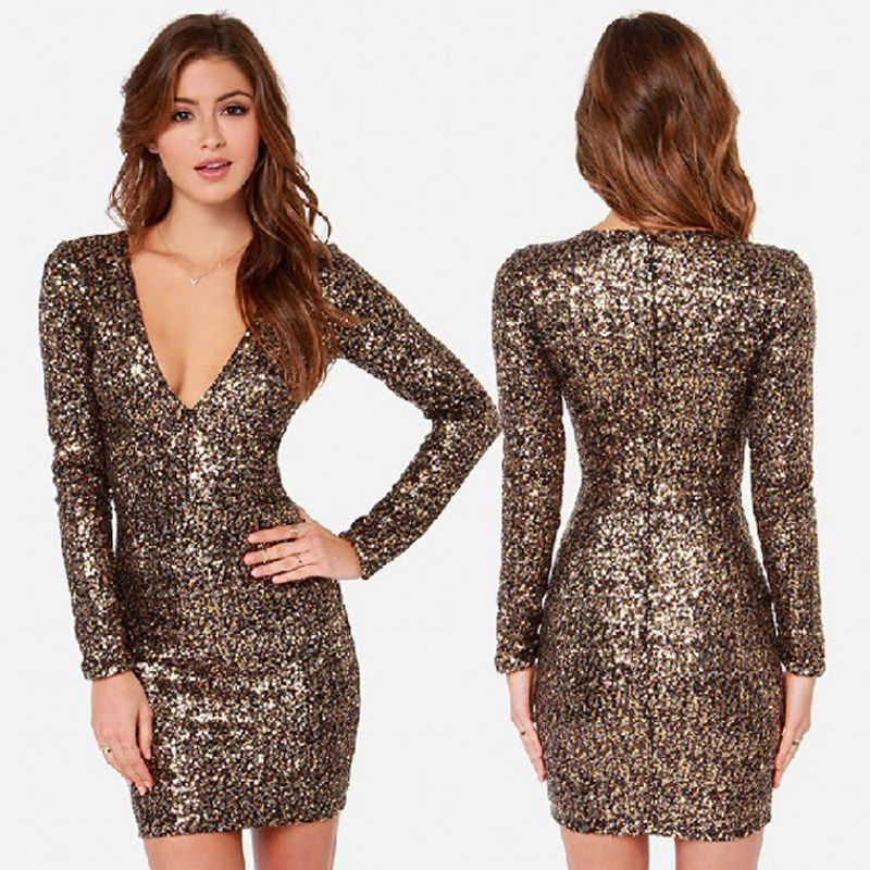 long sleeve v neck sequin dress