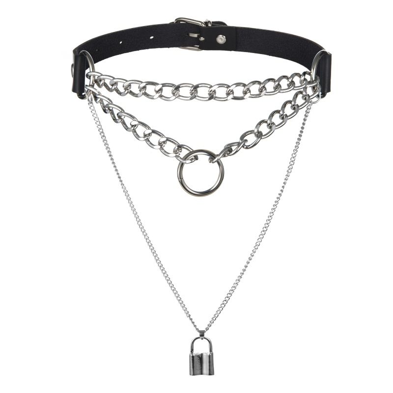 Punk Goth Double couche longue chaîne serrure clé pendentif collier tour de cou Bijoux GIES 