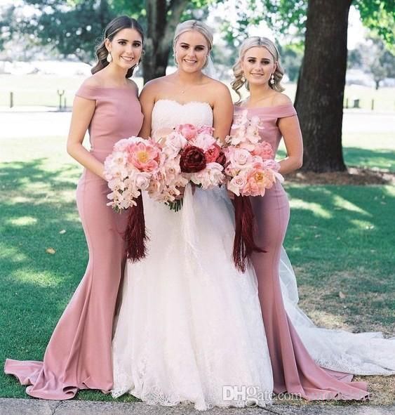 Blush Pink Mermaid Bridesmaid Dresses Off Shoulder Sweep Train Lace