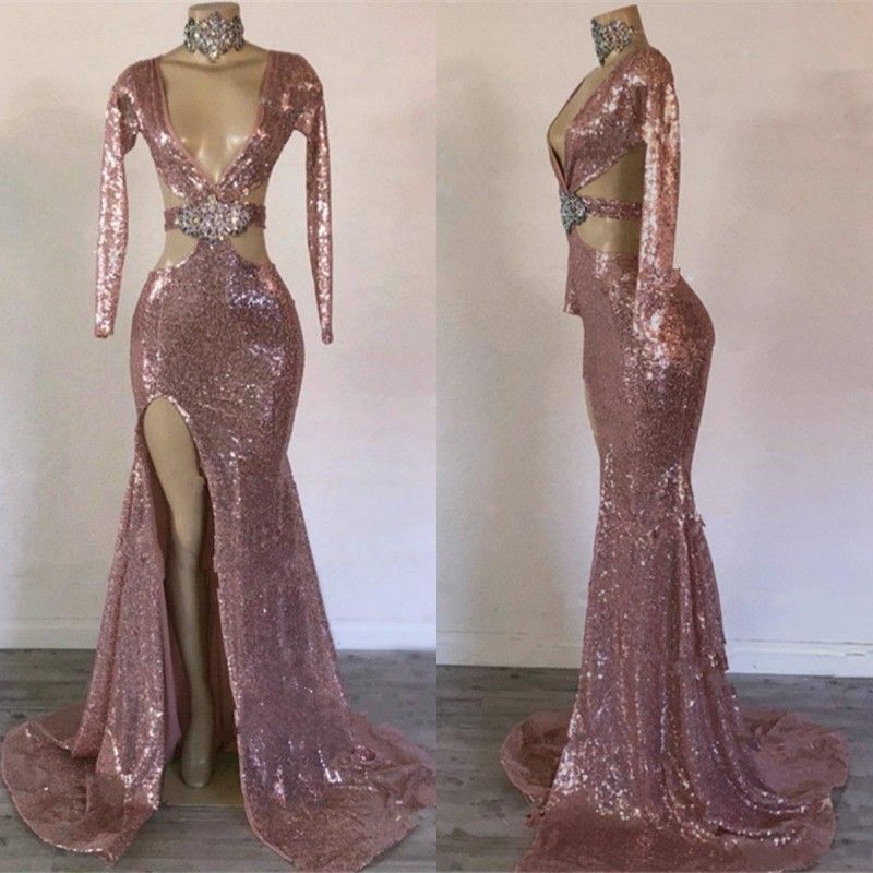 rose gold fishtail prom dress