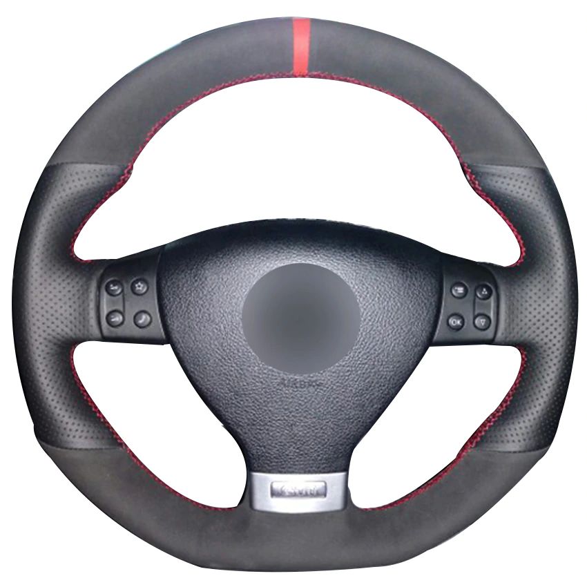 Black Natural Leather Black Suede Red Marker Steering Wheel Cover For