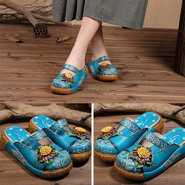 SOCOFY Vintage Colorful Leather Hollow Out Backless Flower SOCOFY Retro Bohemian Women Pumps Flowers Pattern Hollow