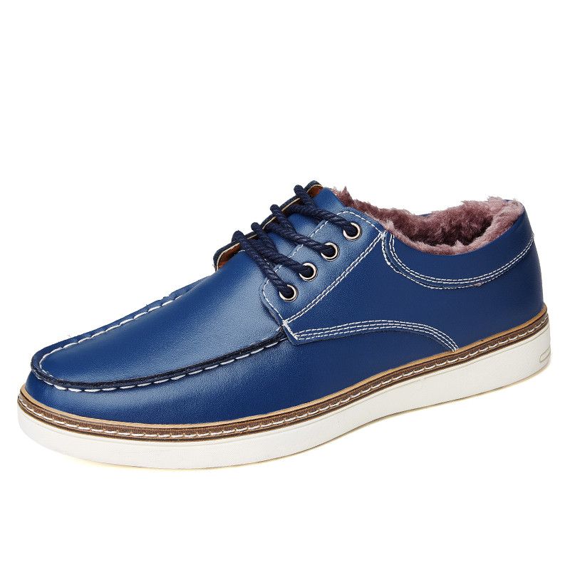 Big Size Split Leather Winter Warm Krasovki Lace Up Male Boat Shoes Plush Fur Flats Sapato Masculino