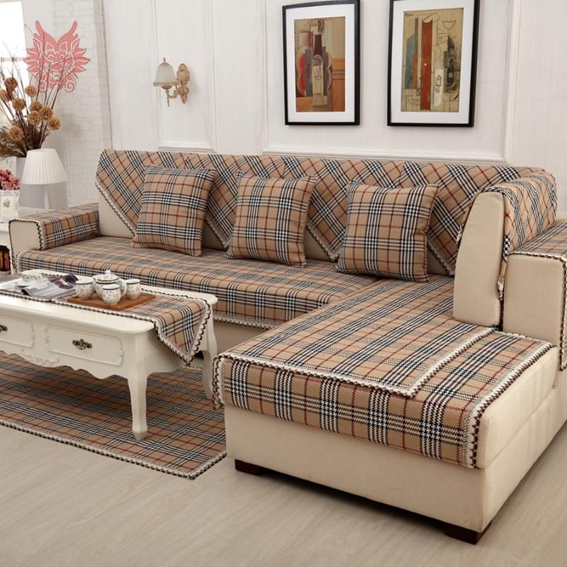 fundas seccionales sofá a cuadros cubierta decoración de encaje de algodón  de lino marrón británicos Canape