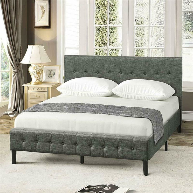 Tufted Headboard Grey Upholstered Beds, King Size Platform Bed No Box Spring Needed