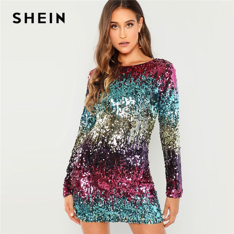 SHEIN Multicolor Lentejuelas Iridiscentes Delgado Vestido De Manga Larga Cuello Redondo 2018 Noche Otoño Mujeres Vestidos Y190121 De 34,46 € | DHgate