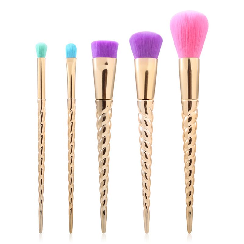 Juego de brochas de maquillaje de unicornio dorado de 5 piezas Mango en espiral Cabello sintético Juego de brochas de maquillaje de unicornio dorado de 5 piezas Mango en espiral Cabello sintético