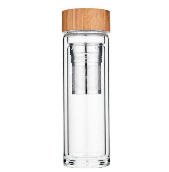 Vaso de cristal doble pared con tapa de bambú 450ml personalizado