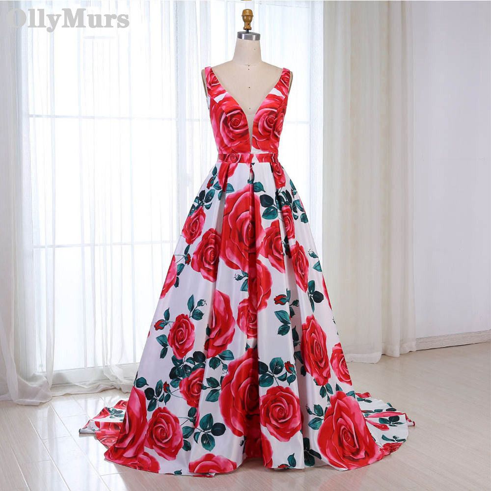 red floral prom dress