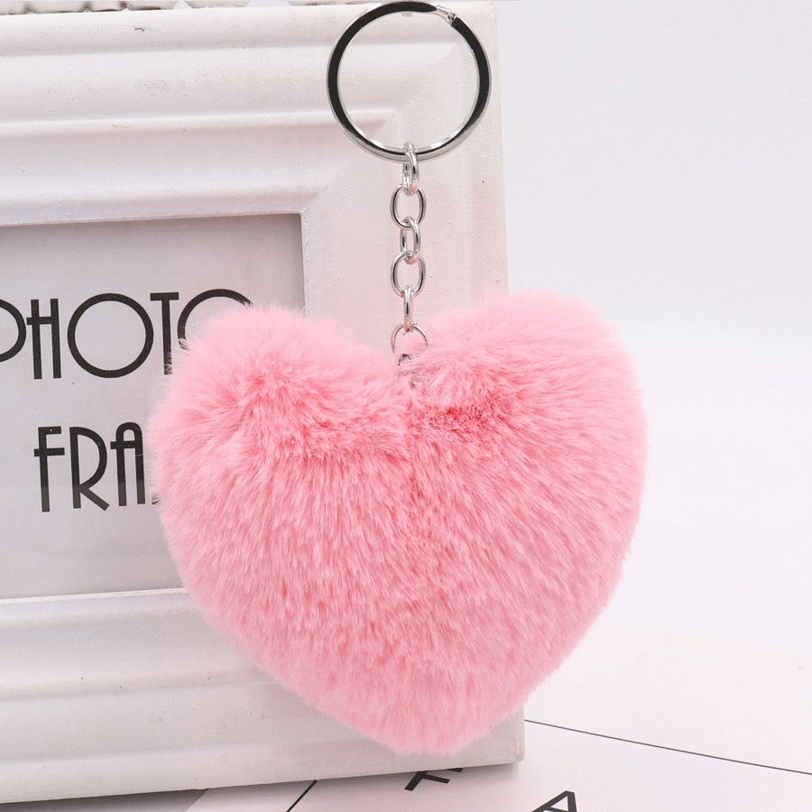 Keyring Soft Faux Fluffy Heart Rabbit Fur Handbag Pendant Charm PomPom Keychain