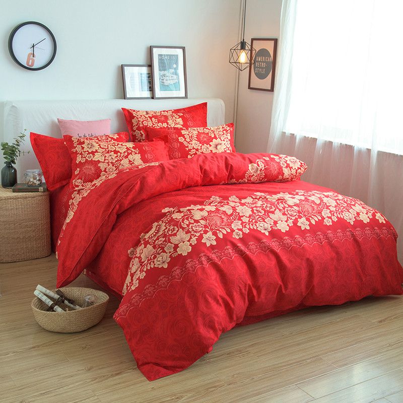 Chinese Style Red Bedding Set Twin Queen Size Polyester Fabric