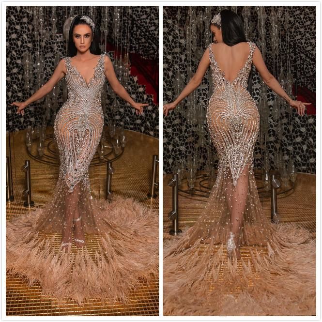 illusion sequin lace feather sleeve mermaid gown