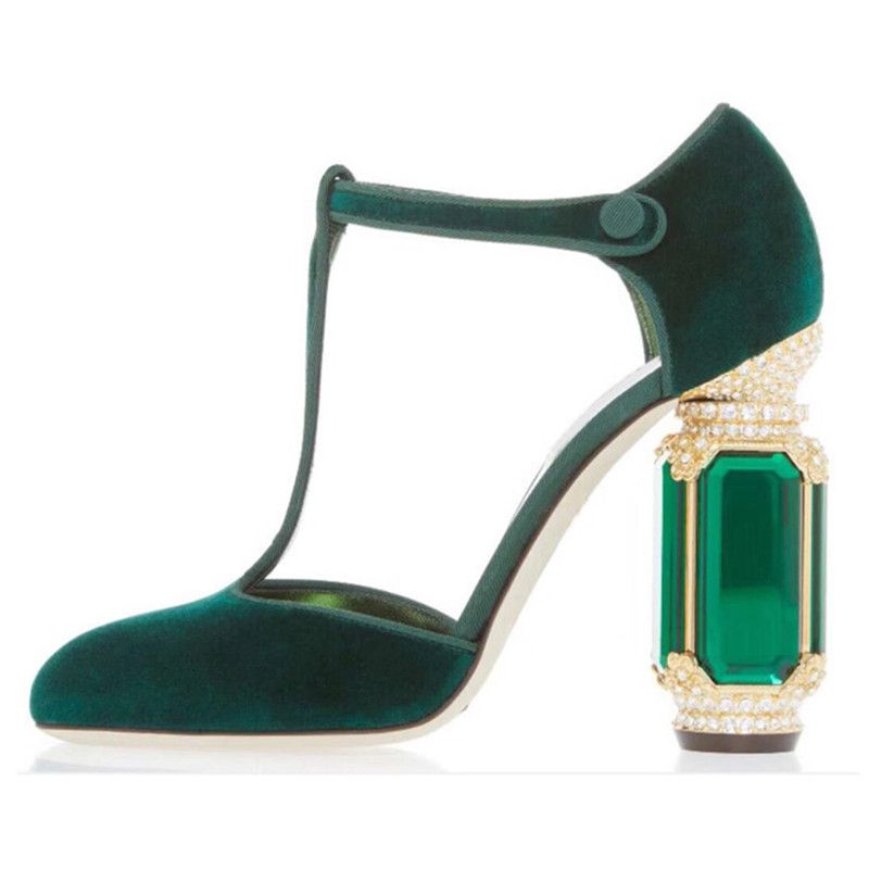 Luxury Emerald Agate Chunky Heel Wedding Shoes Jeweled High Heel Shoes  T-strap Green Velvet Round Toe Rhinestone Pumps Women - AliExpress