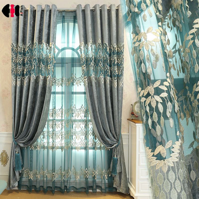 European Royal Design Delicate Embroidery Blue Curtain Drapes
