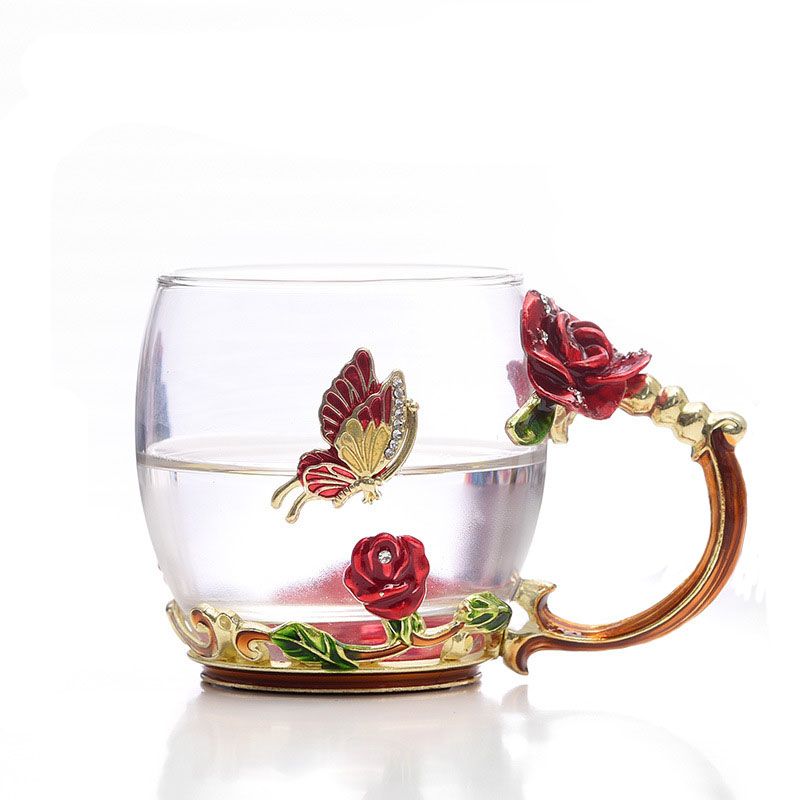 Grand, Bleu Tasse à Thé de Fleur de Papillon Tasses à Café en Verre 3D avec Idée de Cuillère pour L'anniversaire de la Fête des Mères Saint Valentin