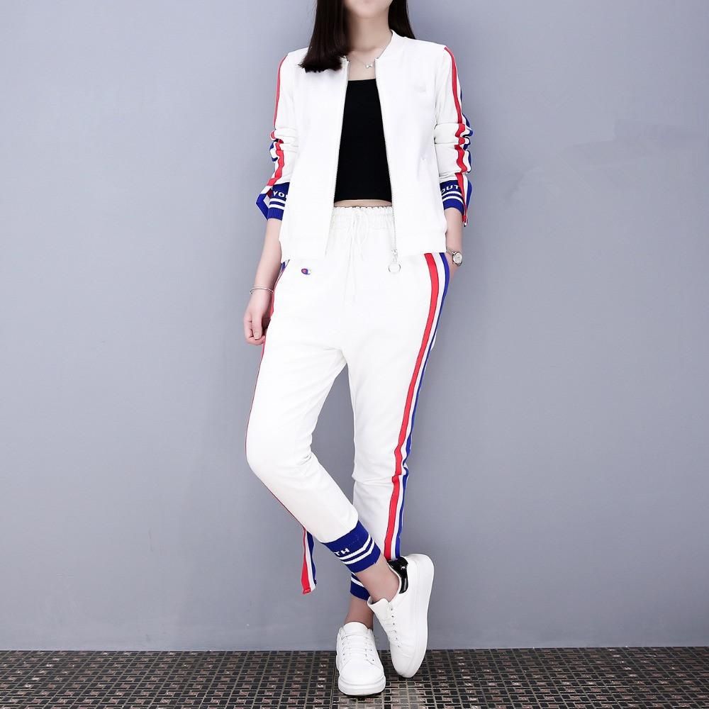 Dainzuy Womens Two Piece Tracksuit Outfits Club Outfits Sweatsuit Stripe Patchwork Skinny Pants with Zipper 