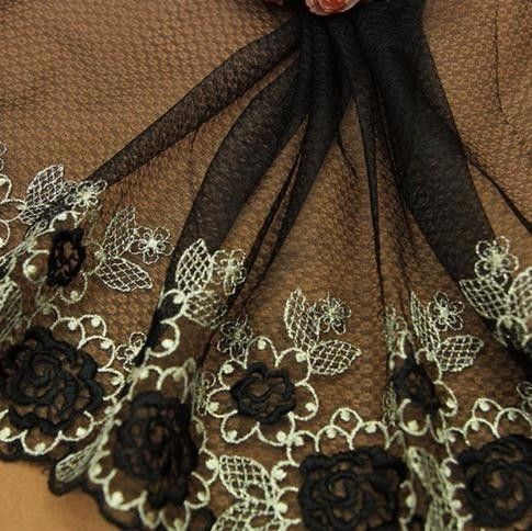 2019 1yd Fabric Trim Dark Black Gold Embroidered Flowers Tulle