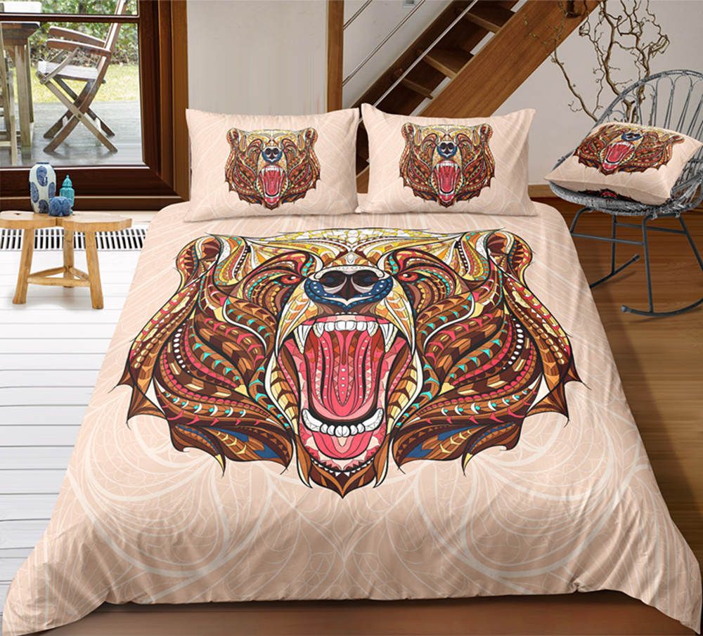 Khaki Bear Printed Bedding Set Queen Size Simple 3d Tribal Duvet