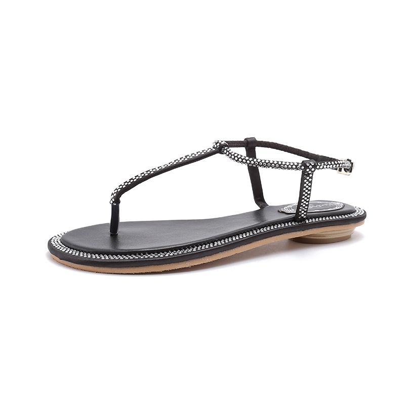 RAINED-Girls T-Strap Pearl Flat Sandals Summer Beach Crystal Flip Flops Thong Shoes Rhinestone Slingback Dress Shoes