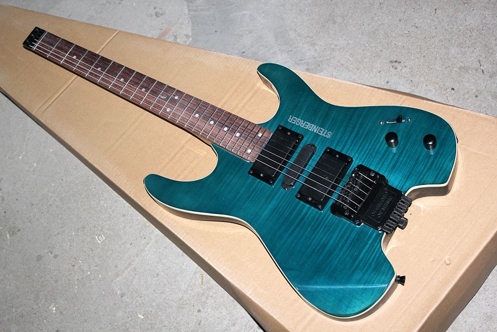 Factory Custom Blue Headless Electric Guitar With Flame Maple Veneer