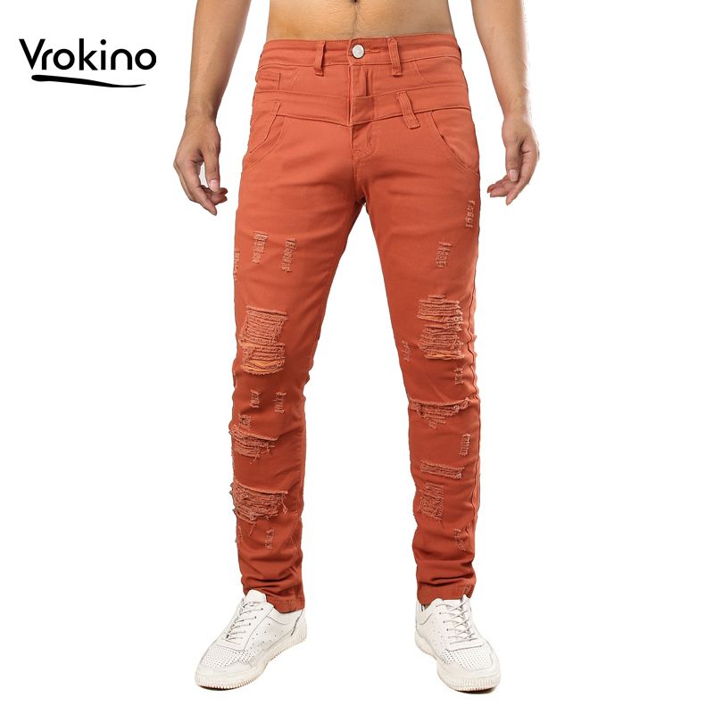 Nuevo 2019 hombre de la manera pantalones vaqueros rasgados de los hombres de Hip Hop rasgado de gran tamaño jeans para hombres Naranja Azul Azul marino Rojo Ropa de la marca 40 42