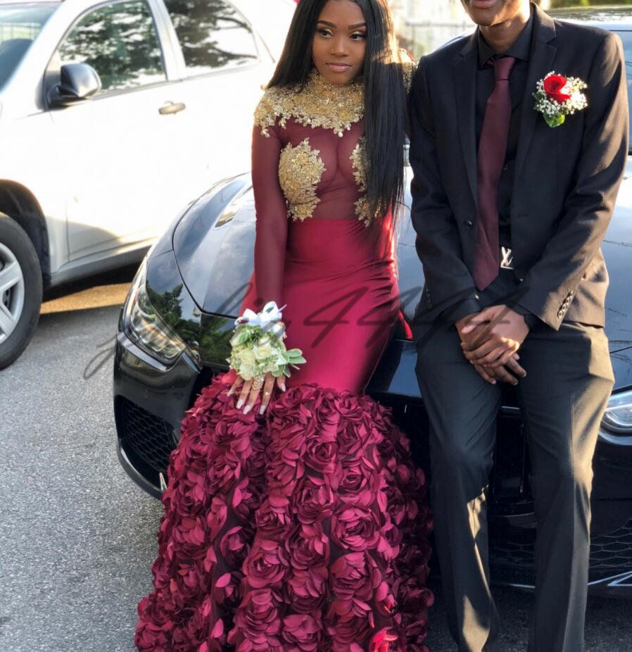Burgundy Rose Flowers Mermaid Prom 