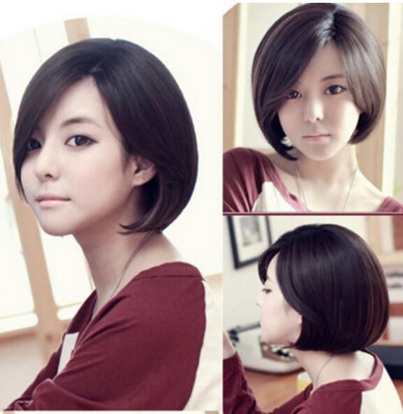 Brown Side Bang Bob Wig Short Straight Hair Cosplay Hand Weave Wig