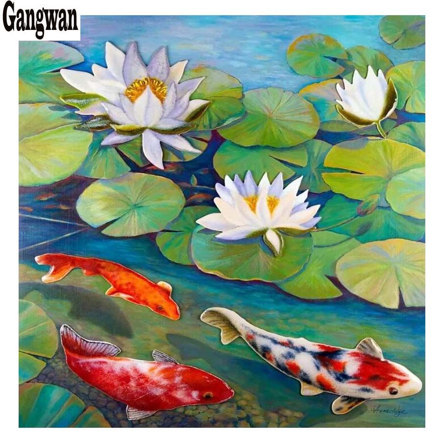 5D DIY Diamond Cross Stitch Painting Koi Carp Flower Fish Full Drill Mosaic