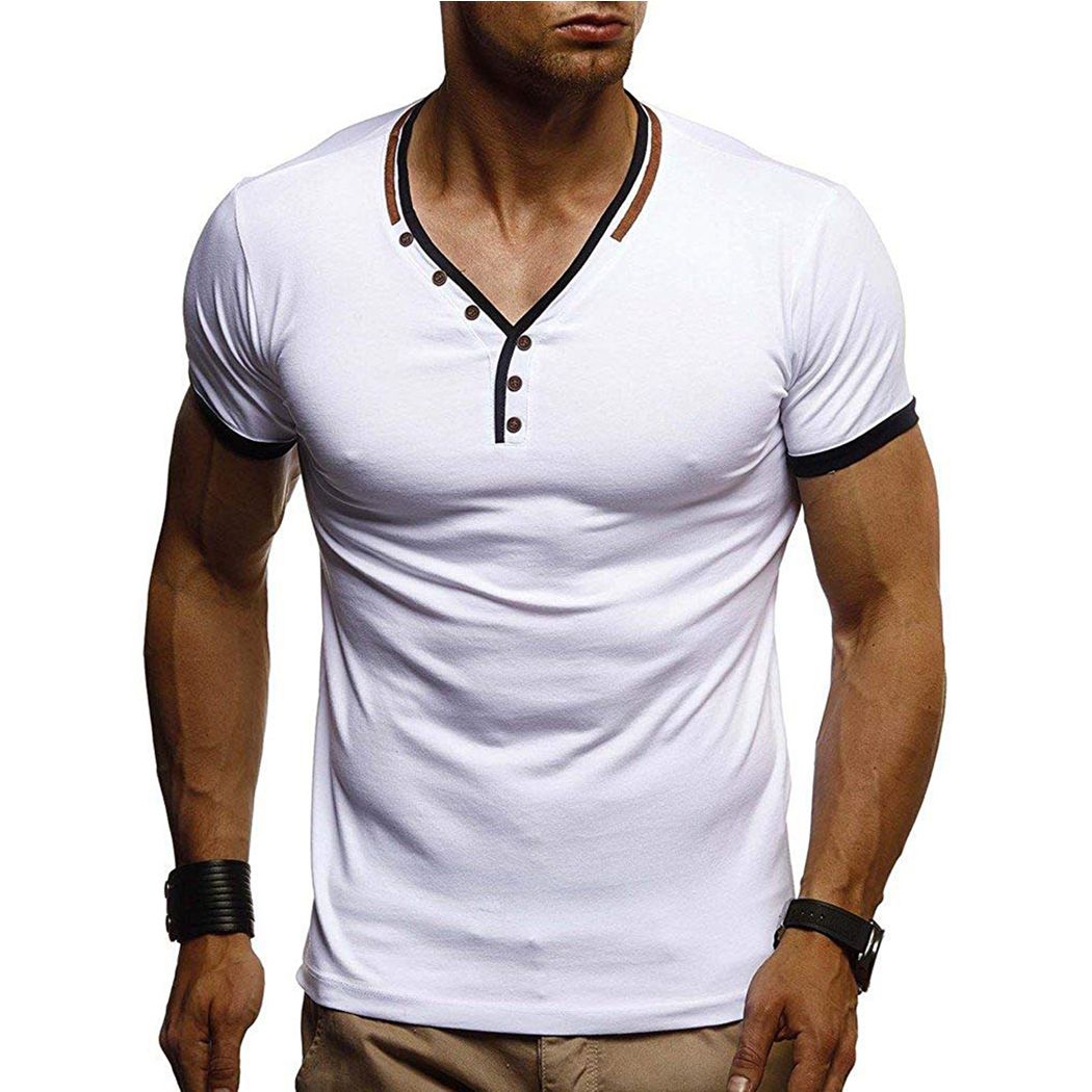 Pandaie Mens Blouse Shirts Fashion Mens Summer V Neck Casual Slim Short Sleeve T Shirt Top Blouse