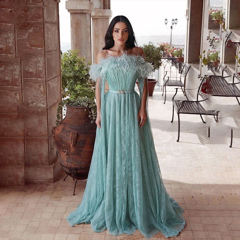 feather evening gown