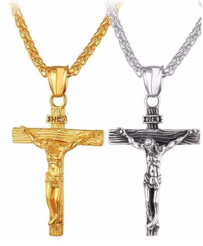 Jesús Cruz Hombres Oro Plata Color Metal Religioso Colgante Crucifijo Cadenas Eslabones para Hombre