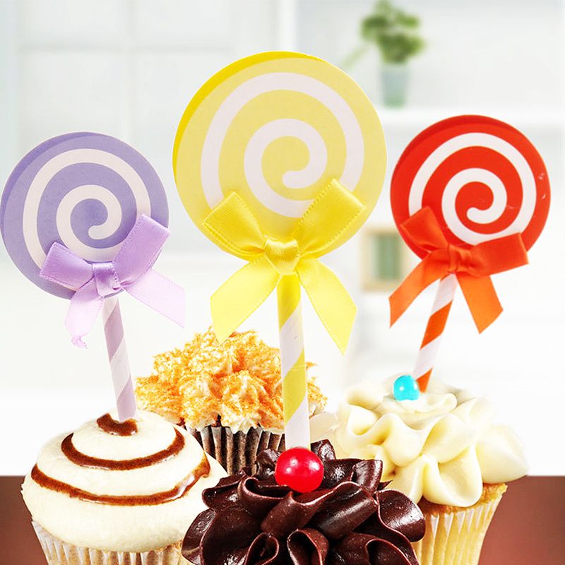 6pcs Lollipop Shaped Cupcake Toppers Party Candy Color Bowknot Cake Decorations·