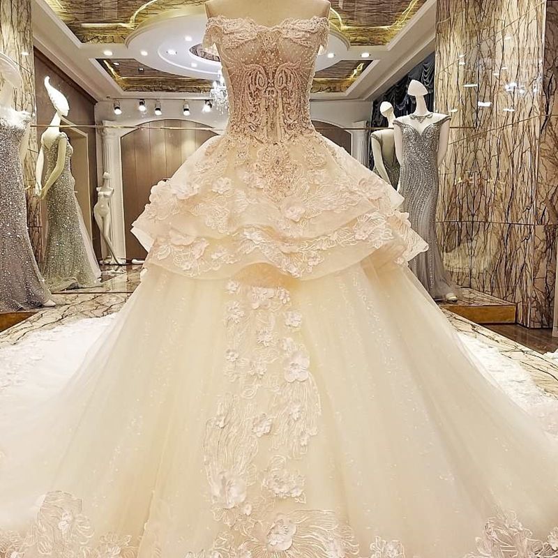Compra Reina De Lujo Vestido De Novia Flores 3D Encaje Novia Vestido De  Bola Corsé Espalda Vestidos De Boda Fuera Del Hombro Vestido De Novia Con  Peplum Barato | Entrega Rápida Y