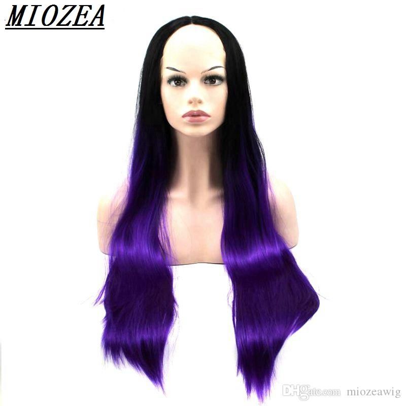Long Straight Wig Ombre Black Purple Synthetic Hair Lace Front Wig