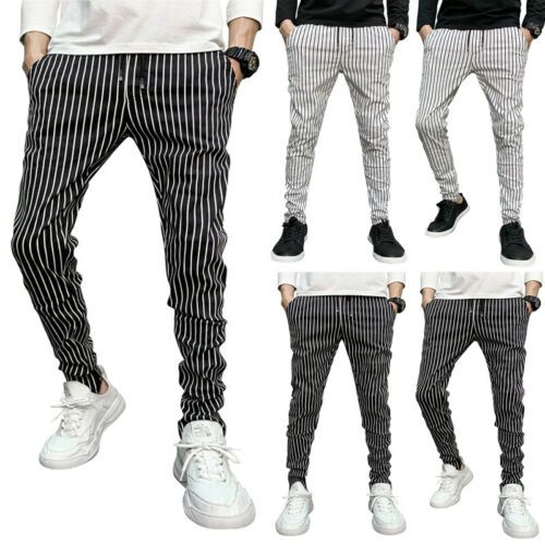 mens black trousers with white stripe