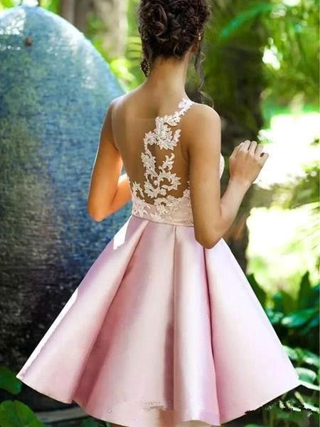 Pink Sheer Mesh Top Satin Homecoming Dresses 2019 Lace Applique Ruched A Line Princess Short Prom Party Graduation Dresses