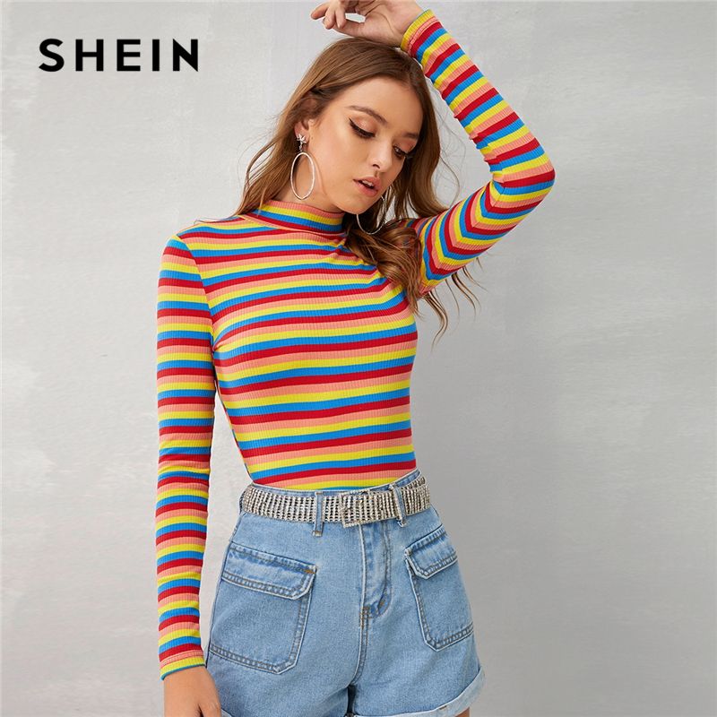 Acquistare Shein Multicolor Stand Colletto A Righe MAGLIA Maglietta Casuale  Parti Superiori Delle Donne 2019 Autunno Manica Lunga Misura Elastico  Economico | Consegna Veloce E Qualità | It.Dhgate
