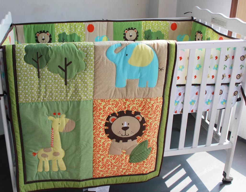 Green Jungle Crib Bedding Elephant Lion Baby Nursery Bedding SetGreen Forest Boys Promotion