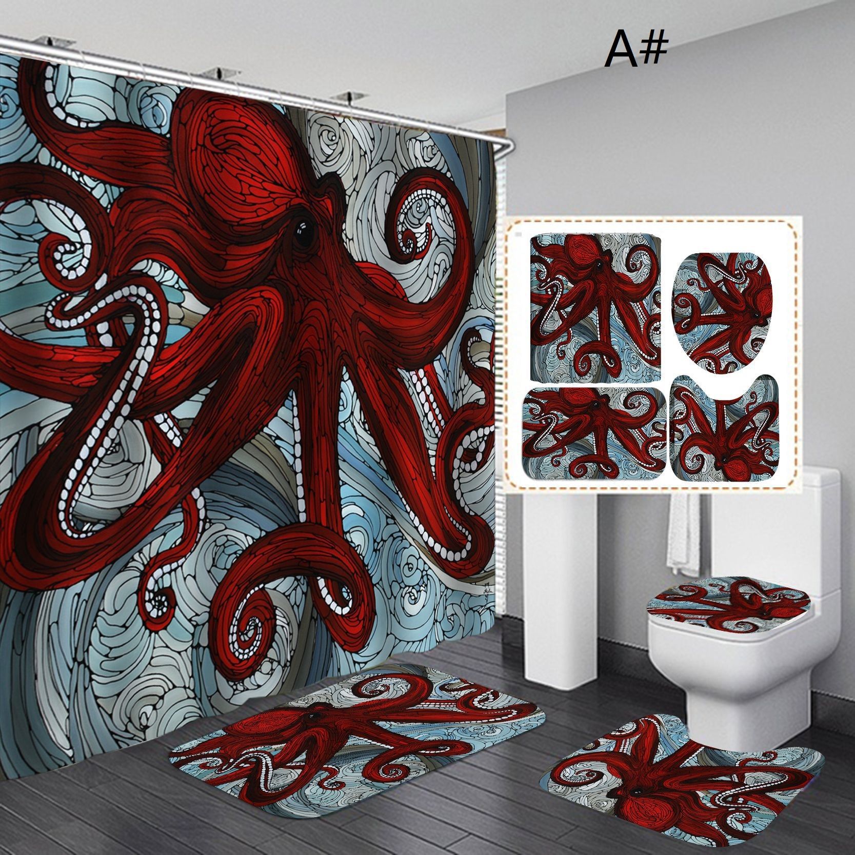Red Octopus Shower Curtain Bath Mat Toilet Cover Rug Bathroom Decor 