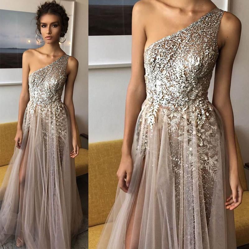 one shoulder evening gown with beaded detail