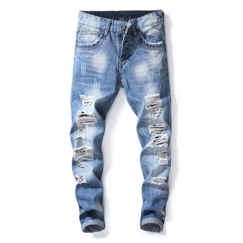 EUROPEO MANERA DE MODA Hombre Agujero azul Jeans Menores de lujo Pantalones de mezclilla